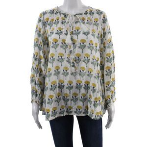 India Collection Womens Bohemian Floral Tunic Blouse White Long Sleeve Size XS